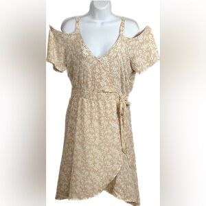 NWT Sienna Sky L Dress Cold Shoulder Faux Wrap Style Lined Tan Floral Print NEW